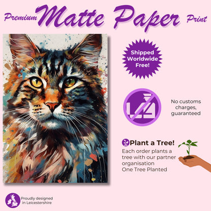 Watercolor Maine Coon Cat Poster Print. Abstract Wall Decor Cat Owner Gift, Portrait Painting, Colourful American Animal Art, Paint Splash - CanvasityCrafts - Free Shipping