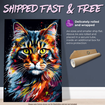 Watercolor Maine Coon Cat Poster Print. Abstract Wall Decor Cat Owner Gift, Portrait Painting, Colourful American Animal Art, Paint Splash - CanvasityCrafts - Free Shipping