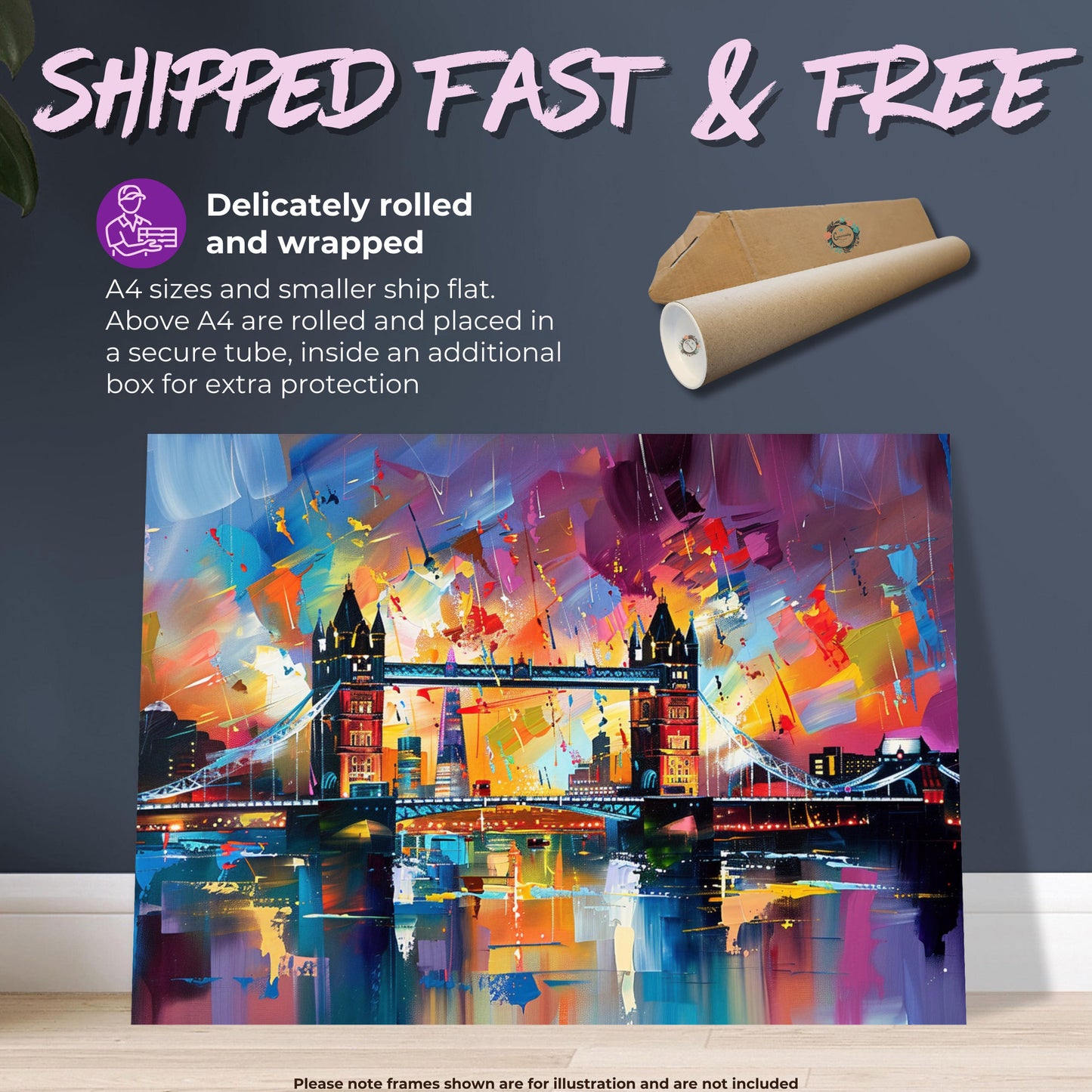 Tower Bridge London Poster Print. Abstract River Thames Wall Decor Cityscape Painting Gift, Colourful City Art, Watercolour, Paint Splash - CanvasityCrafts - Free Shipping