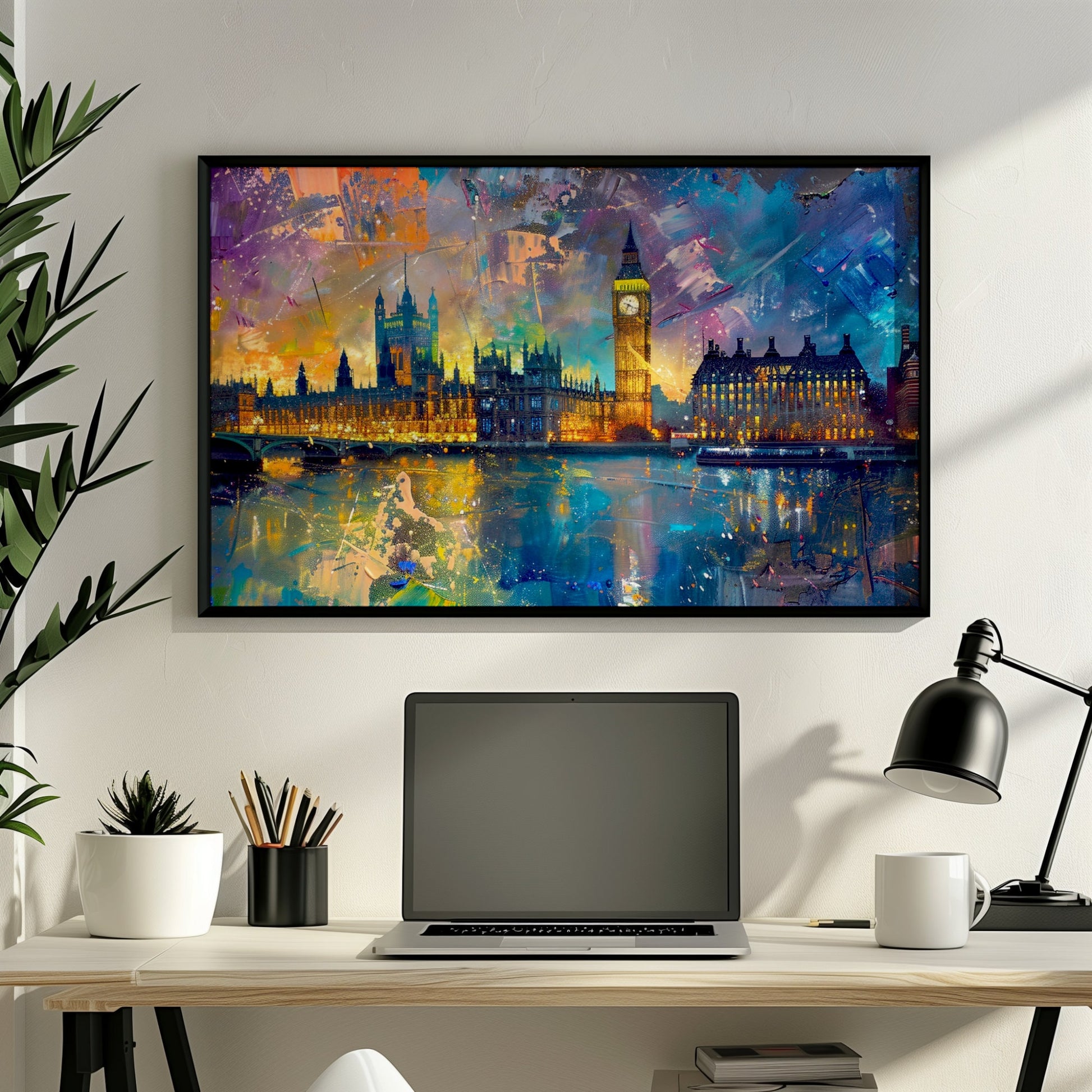 Big Ben & Houses of Parliament, Westminster Palace London Poster Print. Abstract River Thames Wall Decor Cityscape Painting Gift, City Art - CanvasityCrafts - Free Shipping