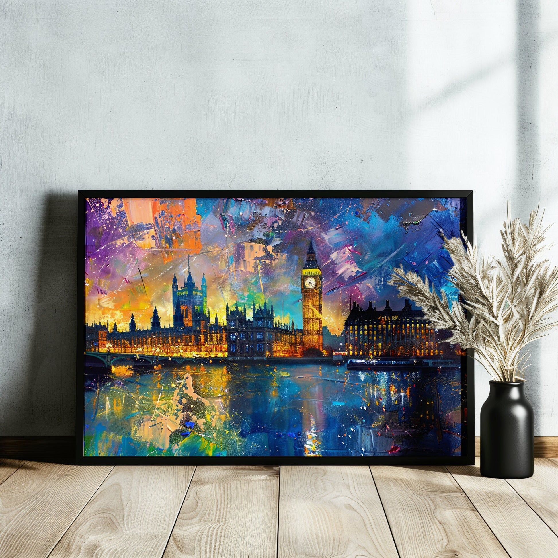 Big Ben & Houses of Parliament, Westminster Palace London Poster Print. Abstract River Thames Wall Decor Cityscape Painting Gift, City Art - CanvasityCrafts - Free Shipping