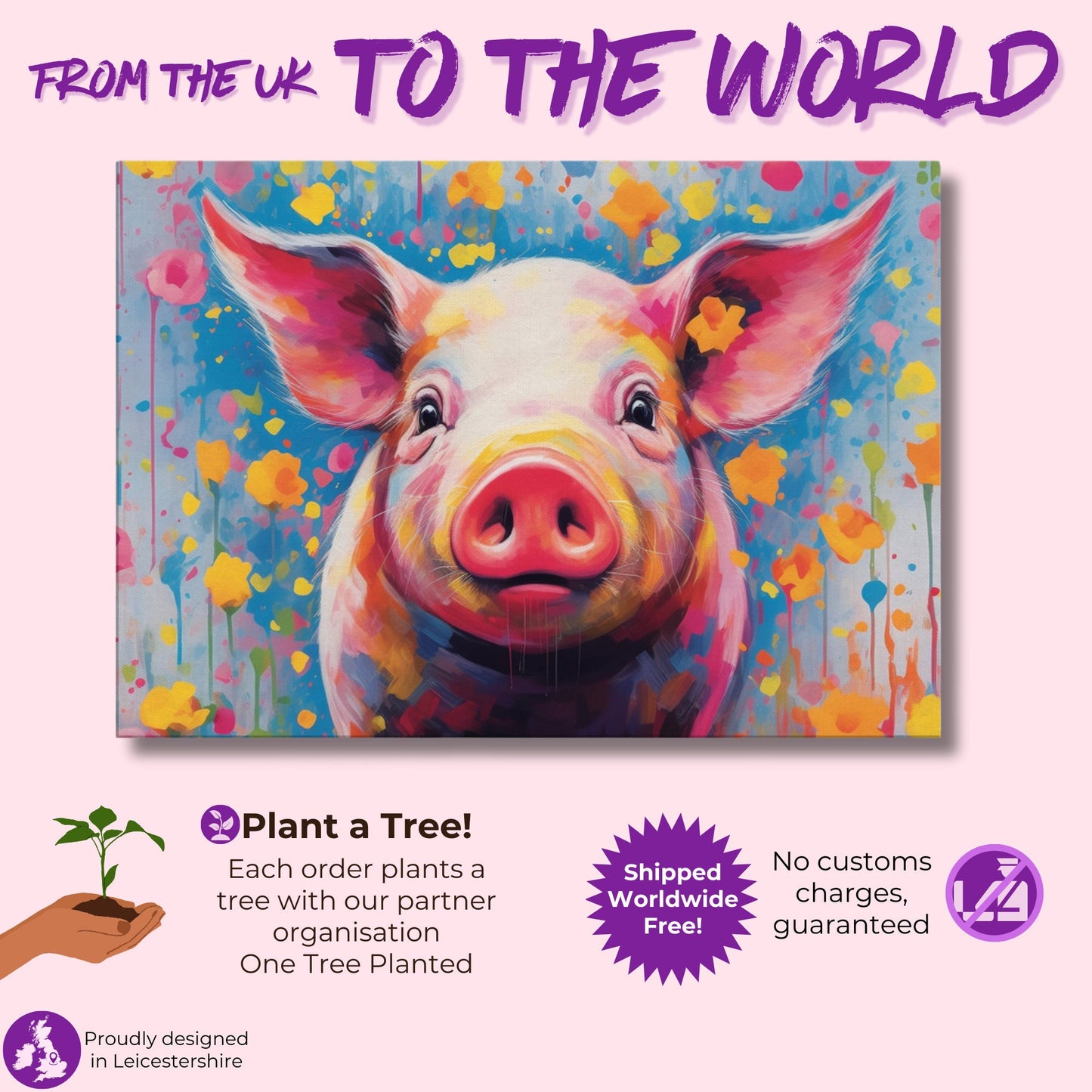 Colorful Pig Canvas Gallery Wrapped Wall Art Print Picture for Farmers, Farm Home Office Painting, Living Room Decor, Dad, Mom, Panoramic - CanvasityCrafts - Free Shipping