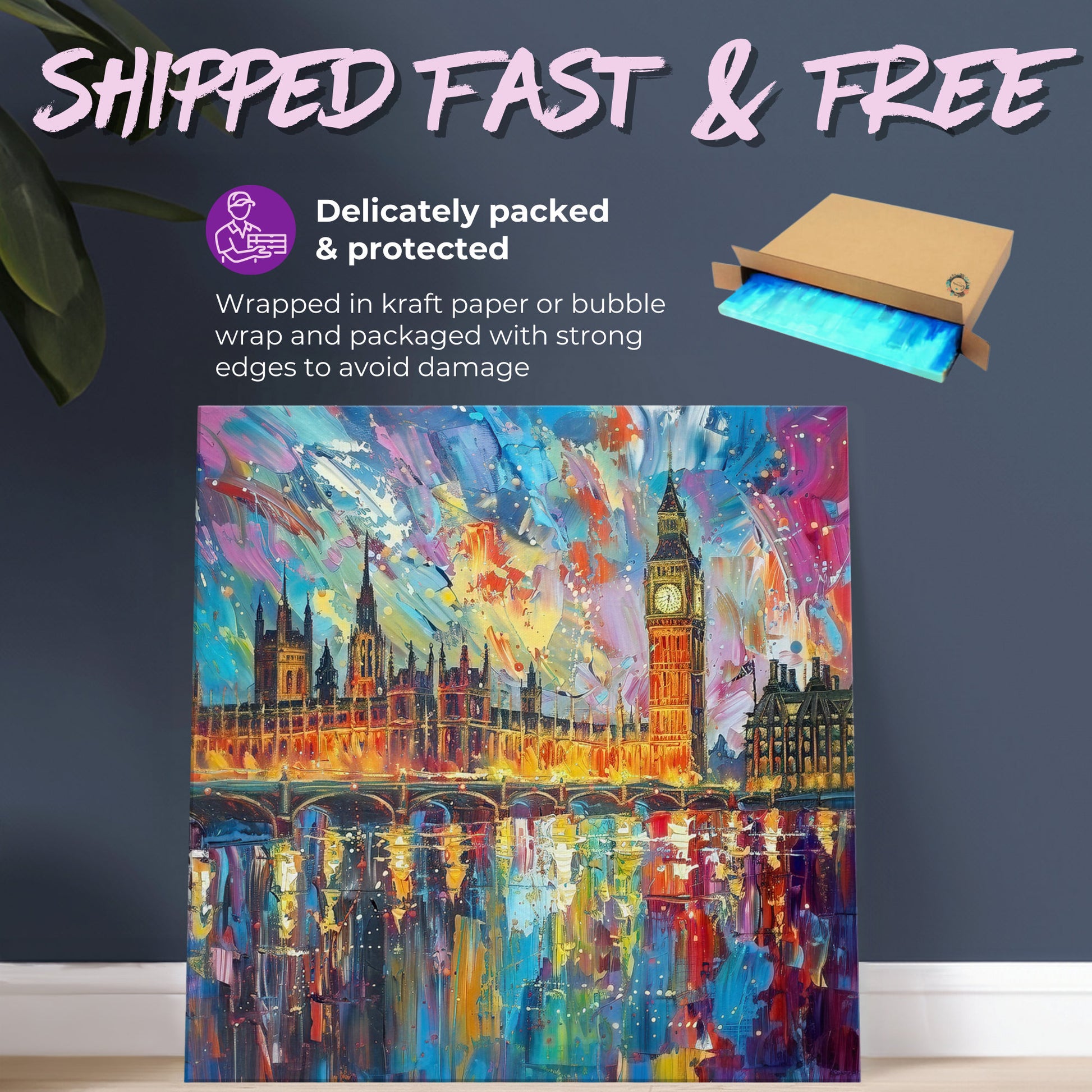 Big Ben & Houses of Parliament, Westminster Palace London Canvas Print. Abstract River Thames Wall Decor Cityscape Painting Gift, City Art - CanvasityCrafts - Free Shipping