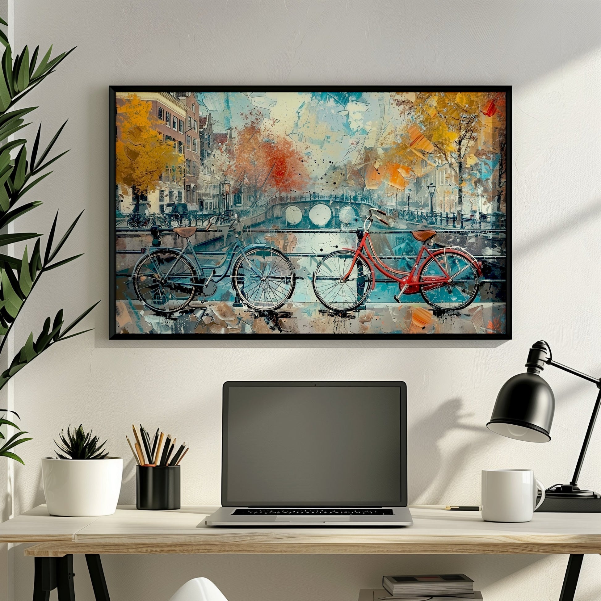 Amsterdam Canal and Bikes Cityscape Poster Print. Abstract Dutch Wall Decor Painting Gift, Watercolour City Art, Cycling Bicycle Waterways - CanvasityCrafts - Free Shipping