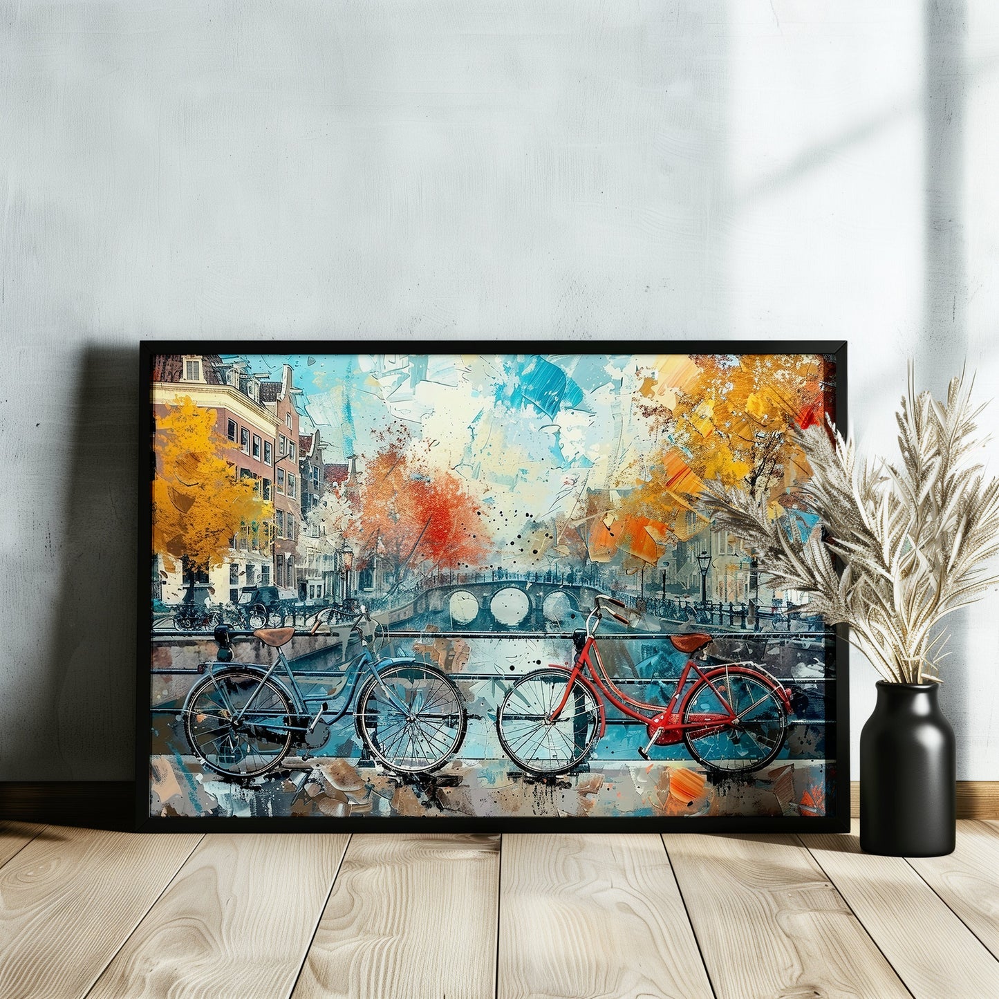 Amsterdam Canal and Bikes Cityscape Poster Print. Abstract Dutch Wall Decor Painting Gift, Watercolour City Art, Cycling Bicycle Waterways - CanvasityCrafts - Free Shipping