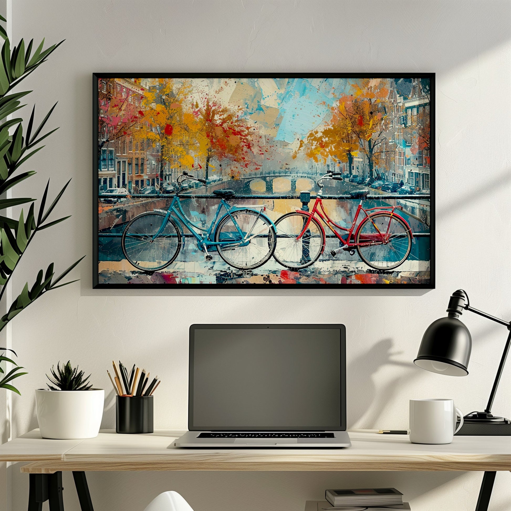 Amsterdam Canal and Bikes Cityscape Poster Print. Abstract Dutch Wall Decor Painting Gift, Watercolour City Art, Cycling Bicycle Waterways - CanvasityCrafts - Free Shipping