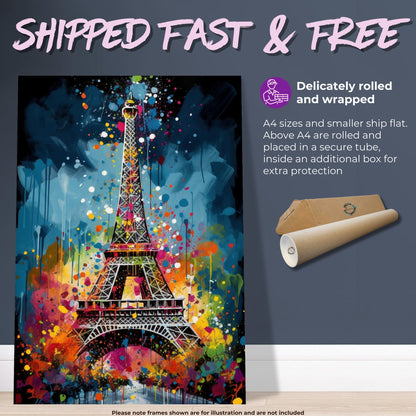 Eiffel Tower Paris Cityscape Poster Print. Abstract French Skyline Wall Decor Painting Gift Colourful Watercolour France City Paint Splash - CanvasityCrafts - Free Shipping