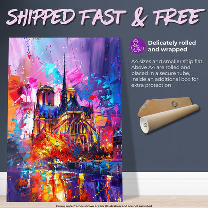 Notre Dame Paris Cityscape Poster Print. Abstract French Cathedral Wall Decor Painting Gift Colourful Watercolour France City Paint Splash - CanvasityCrafts - Free Shipping