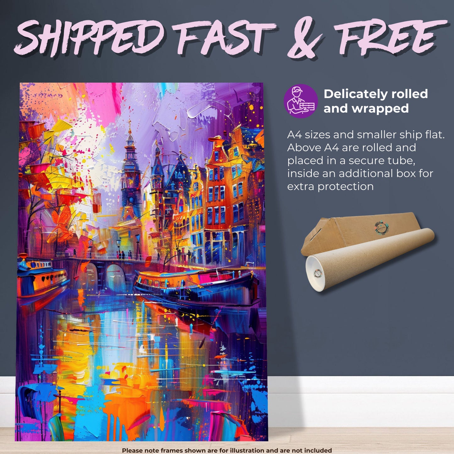 Amsterdam Canals Poster Print. Abstract Grachtengordel Cityscape Netherlands Travel Wall Decor Painting Gift Colourful Watercolor Dutch City - CanvasityCrafts - Free Shipping