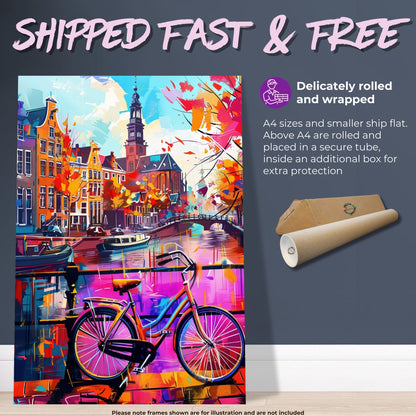 Abstract Amsterdam Canals Poster Print. Grachtengordel Cityscape Netherlands Travel Wall Decor Painting Gift Colourful Watercolor Dutch City - CanvasityCrafts - Free Shipping