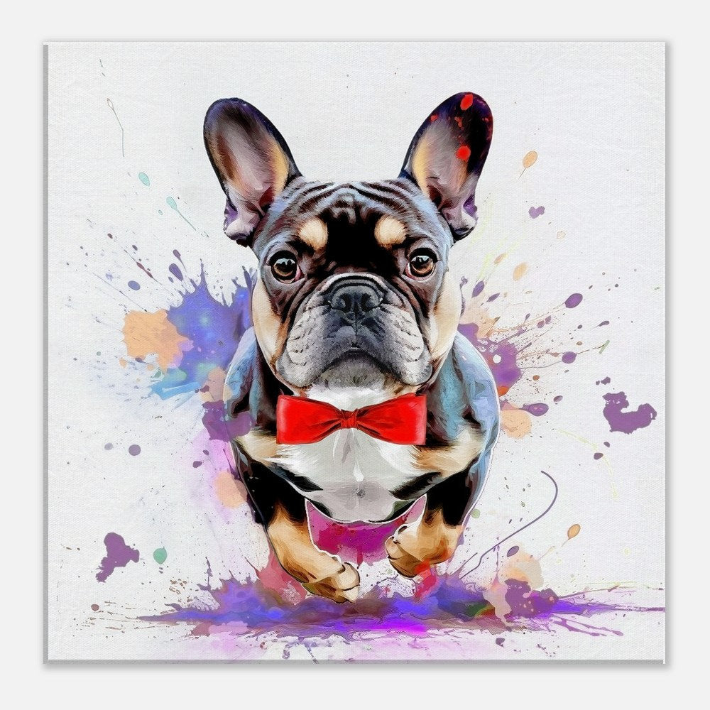 Truman in Motion! Colorful Blue & Tan Compact French Bulldog Jumping Through Splashes of Color on Canvas. Frenchie Dad Wall Art - CanvasityCrafts - Free Shipping