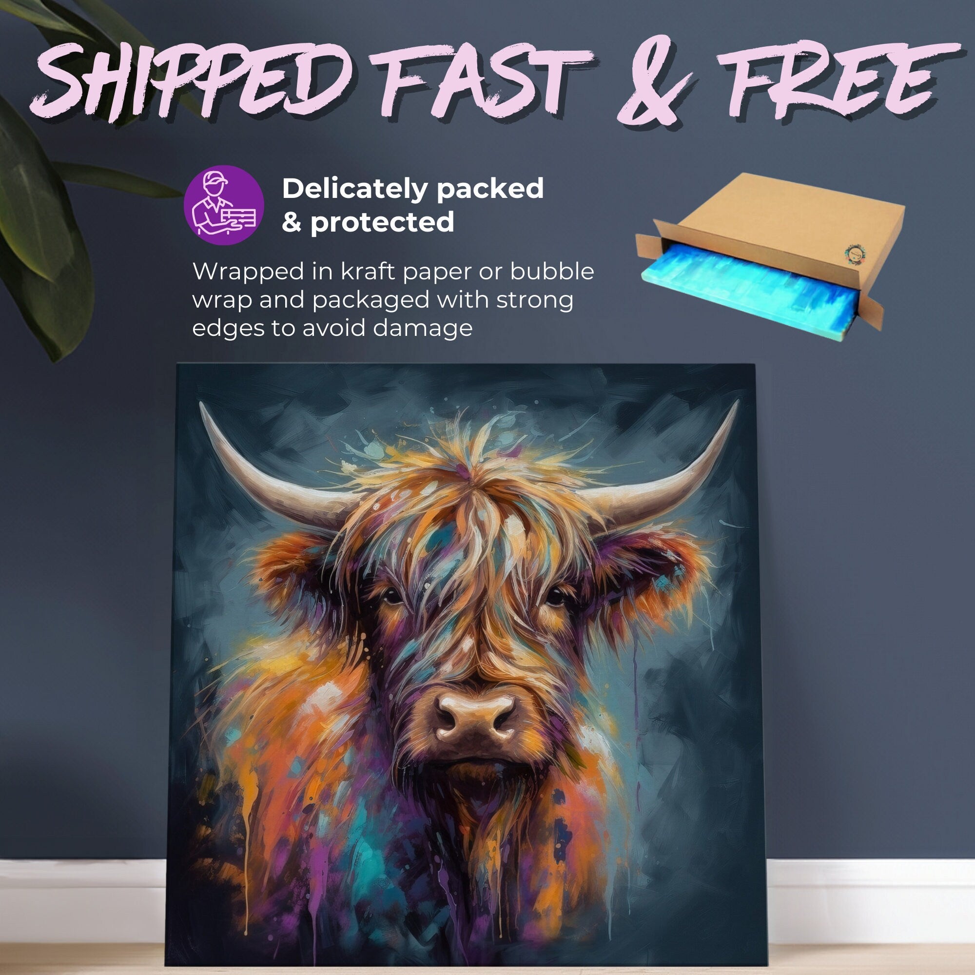 Highland Cow Portrait - Canvas Print, Pine Wooden Frame or Unframed Matte Paper Options - CanvasityCrafts - Free Shipping