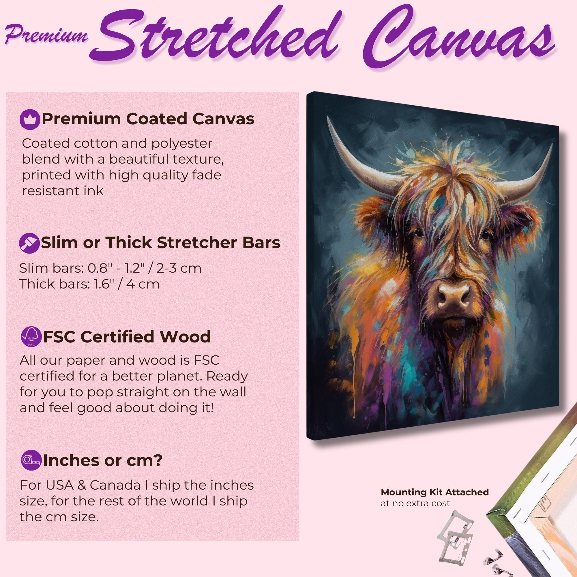 Highland Cow Portrait - Canvas Print, Pine Wooden Frame or Unframed Matte Paper Options - CanvasityCrafts - Free Shipping