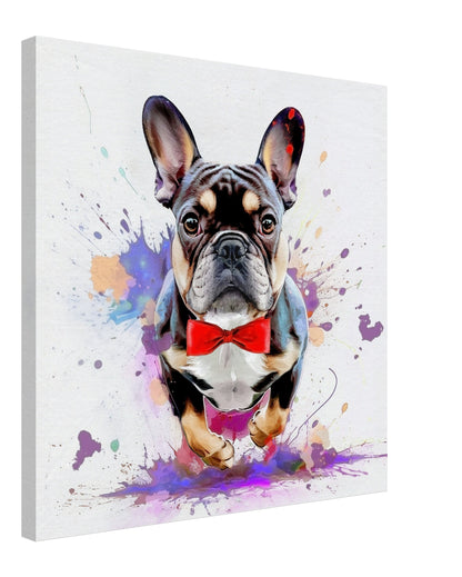 Truman in Motion! Colorful Blue & Tan Compact French Bulldog Jumping Through Splashes of Color on Canvas. Frenchie Dad Wall Art - CanvasityCrafts - Free Shipping