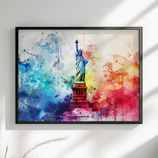 Paint Splash Statue of Liberty Poster Print. New York Skyline, American Cityscape Wall Decor Gift Colourful Watercolour USA City Abstract - CanvasityCrafts - Free Shipping