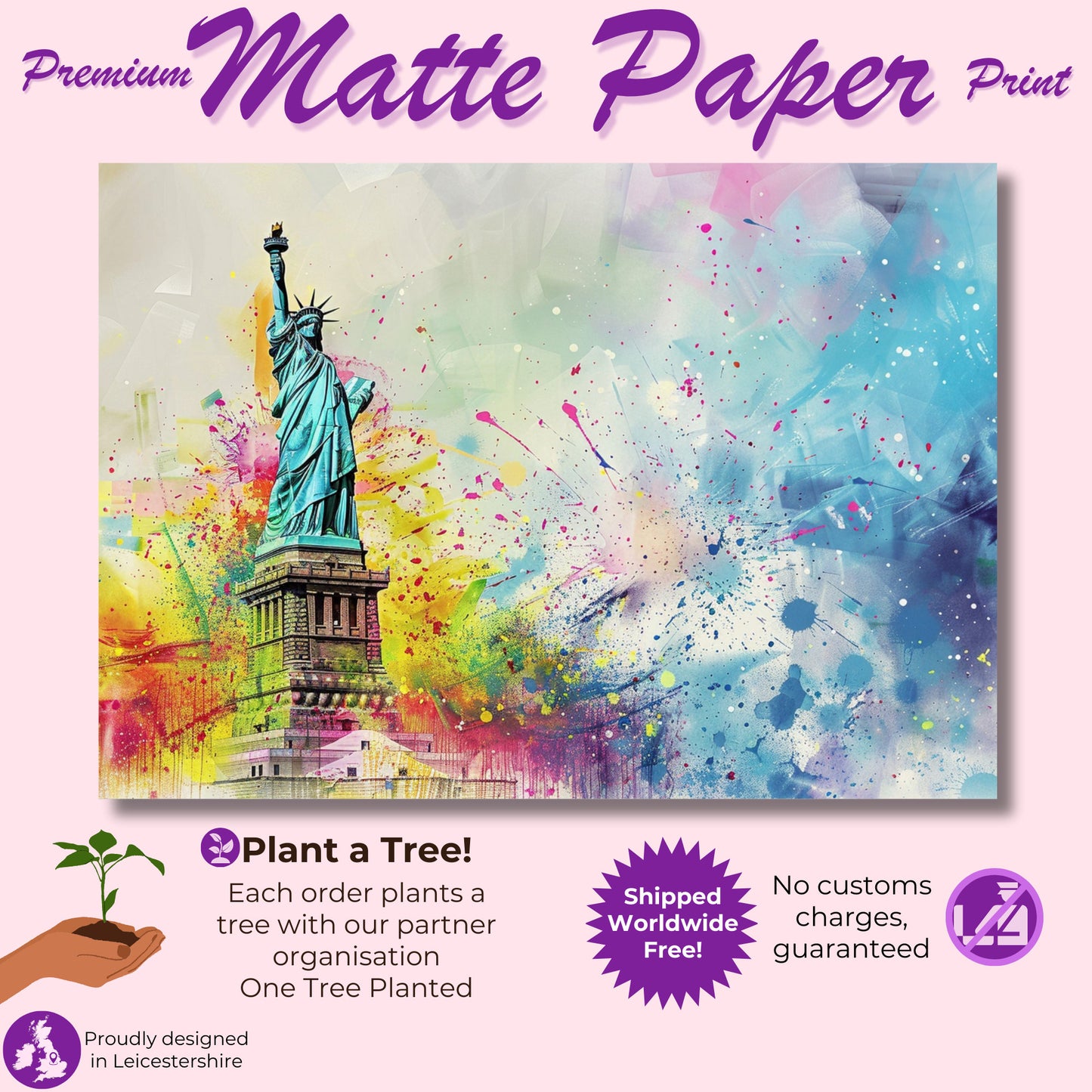 Paint Splash Statue of Liberty Poster Print. New York Skyline, American Cityscape Wall Decor Gift Colourful Watercolour USA City Abstract - CanvasityCrafts - Free Shipping