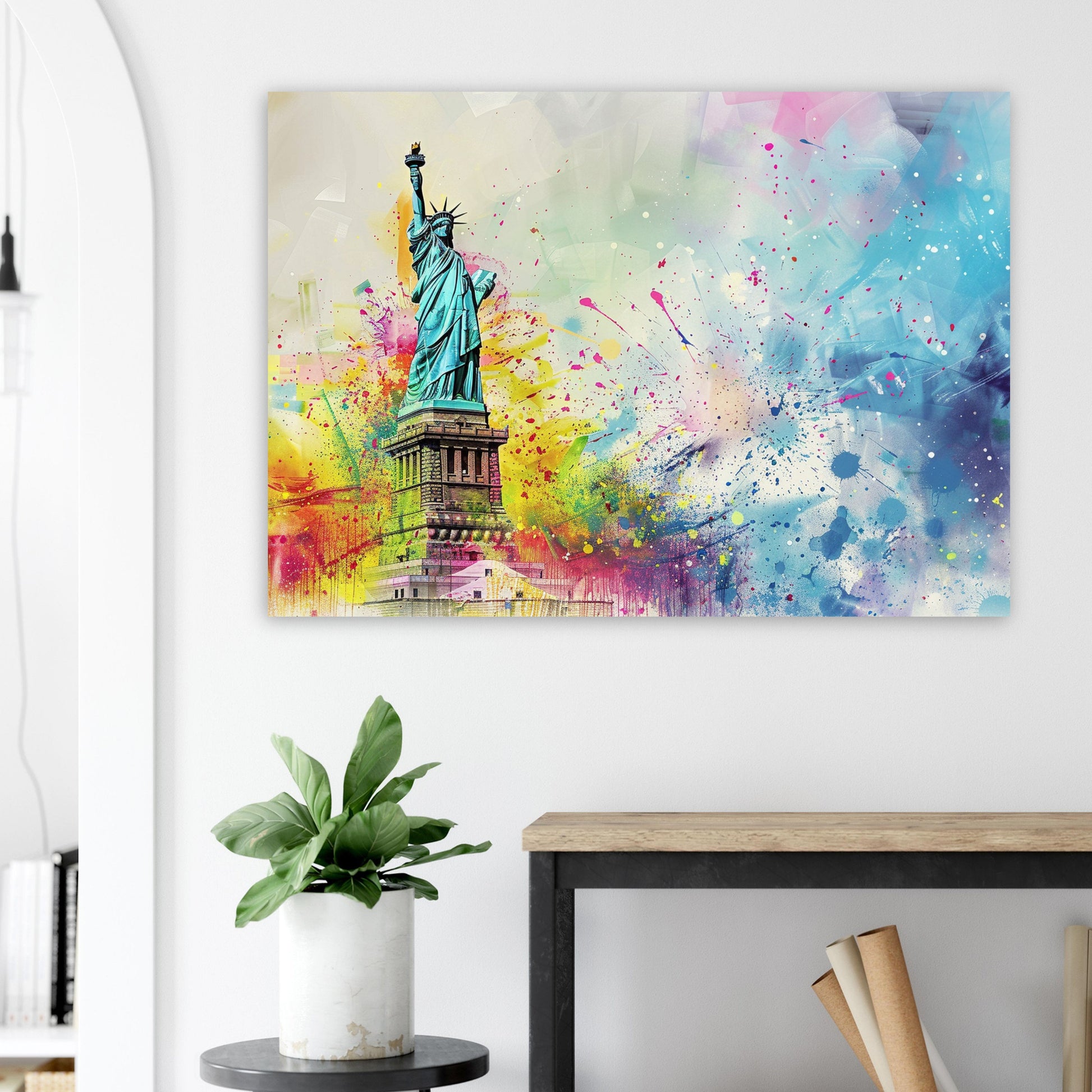 Paint Splash Statue of Liberty Poster Print. New York Skyline, American Cityscape Wall Decor Gift Colourful Watercolour USA City Abstract - CanvasityCrafts - Free Shipping