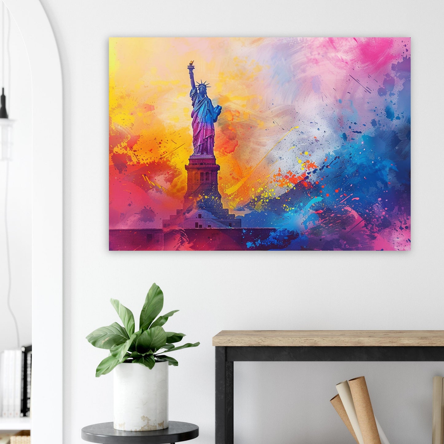 Abstract Statue of Liberty Poster Print. New York Skyline, American Cityscape Wall Decor Gift Colourful Watercolour USA City Paint Splash - CanvasityCrafts - Free Shipping