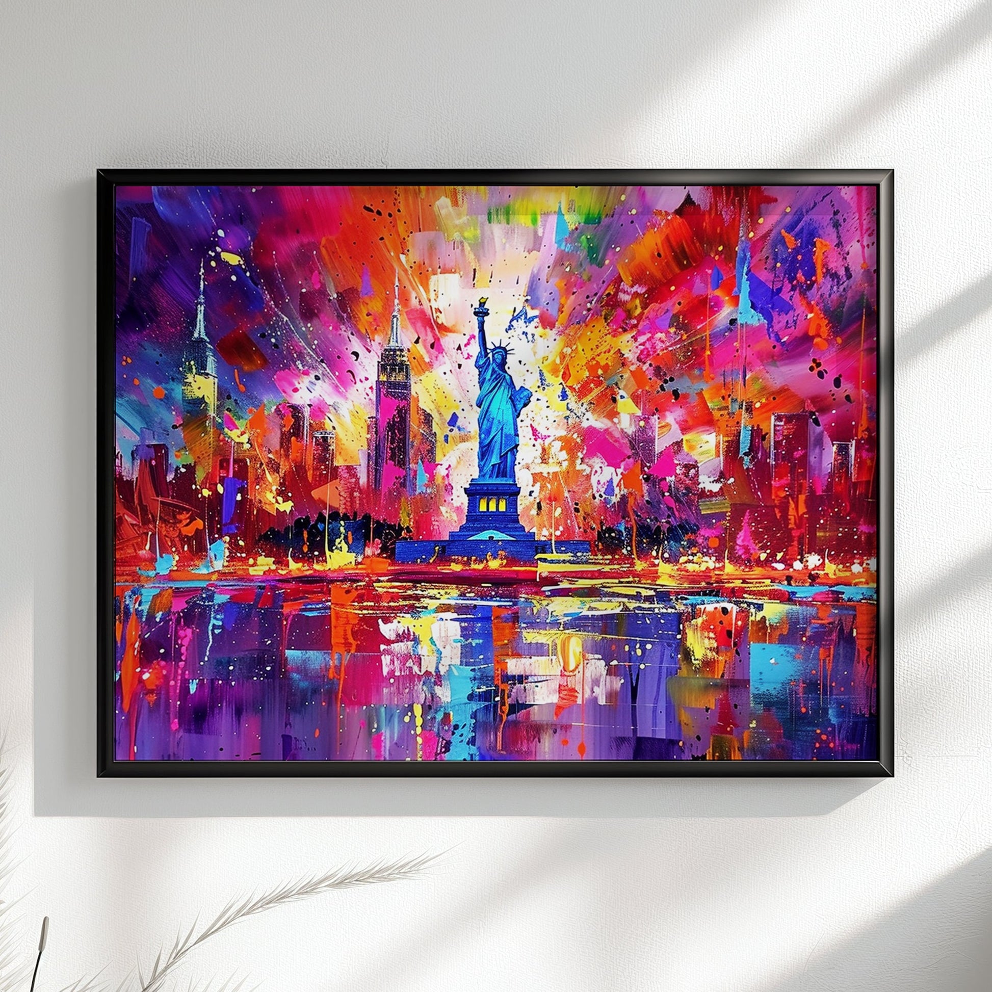 New York Skyline Statue of Liberty Poster Print. Abstract American Cityscape Wall Decor Gift Colourful Watercolour USA City Paint Splash - CanvasityCrafts - Free Shipping