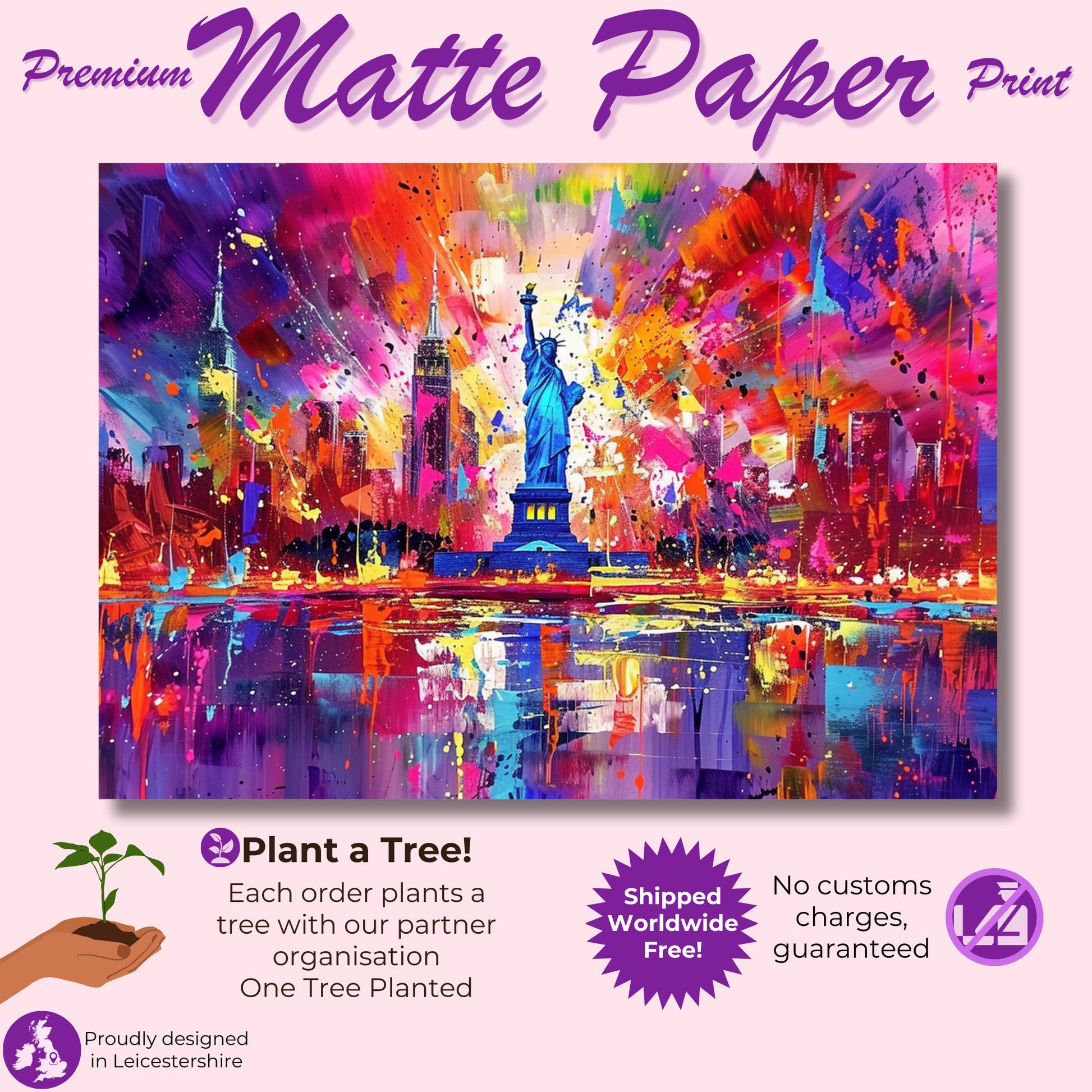 New York Skyline Statue of Liberty Poster Print. Abstract American Cityscape Wall Decor Gift Colourful Watercolour USA City Paint Splash - CanvasityCrafts - Free Shipping