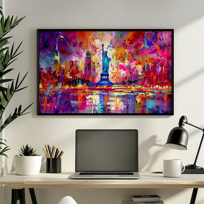 New York Skyline Statue of Liberty Poster Print. Abstract American Cityscape Wall Decor Gift Colourful Watercolour USA City Paint Splash - CanvasityCrafts - Free Shipping