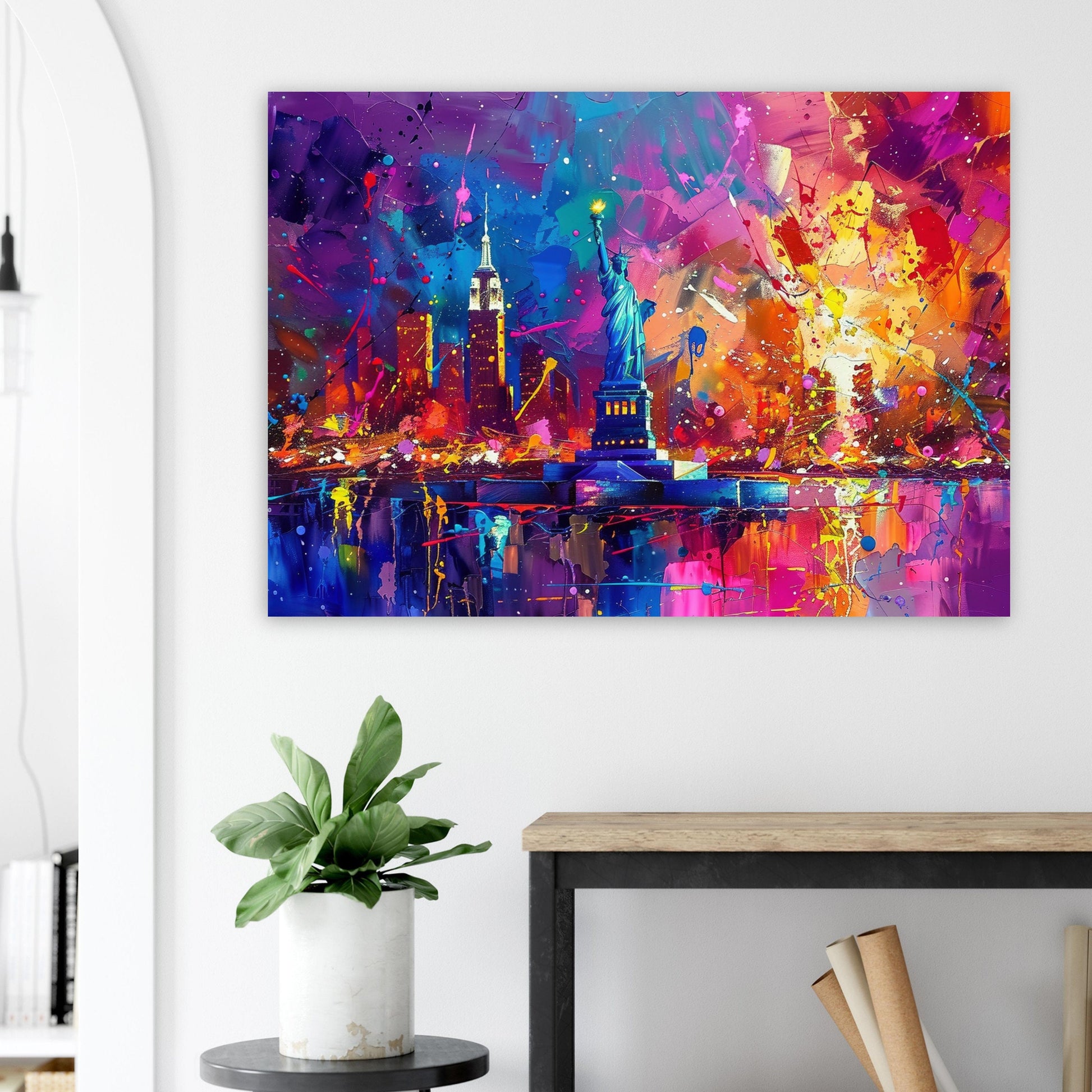 New York Skyline Statue of Liberty Poster Print. Abstract American Cityscape Wall Decor Gift Colourful Watercolour USA City Paint Splash - CanvasityCrafts - Free Shipping