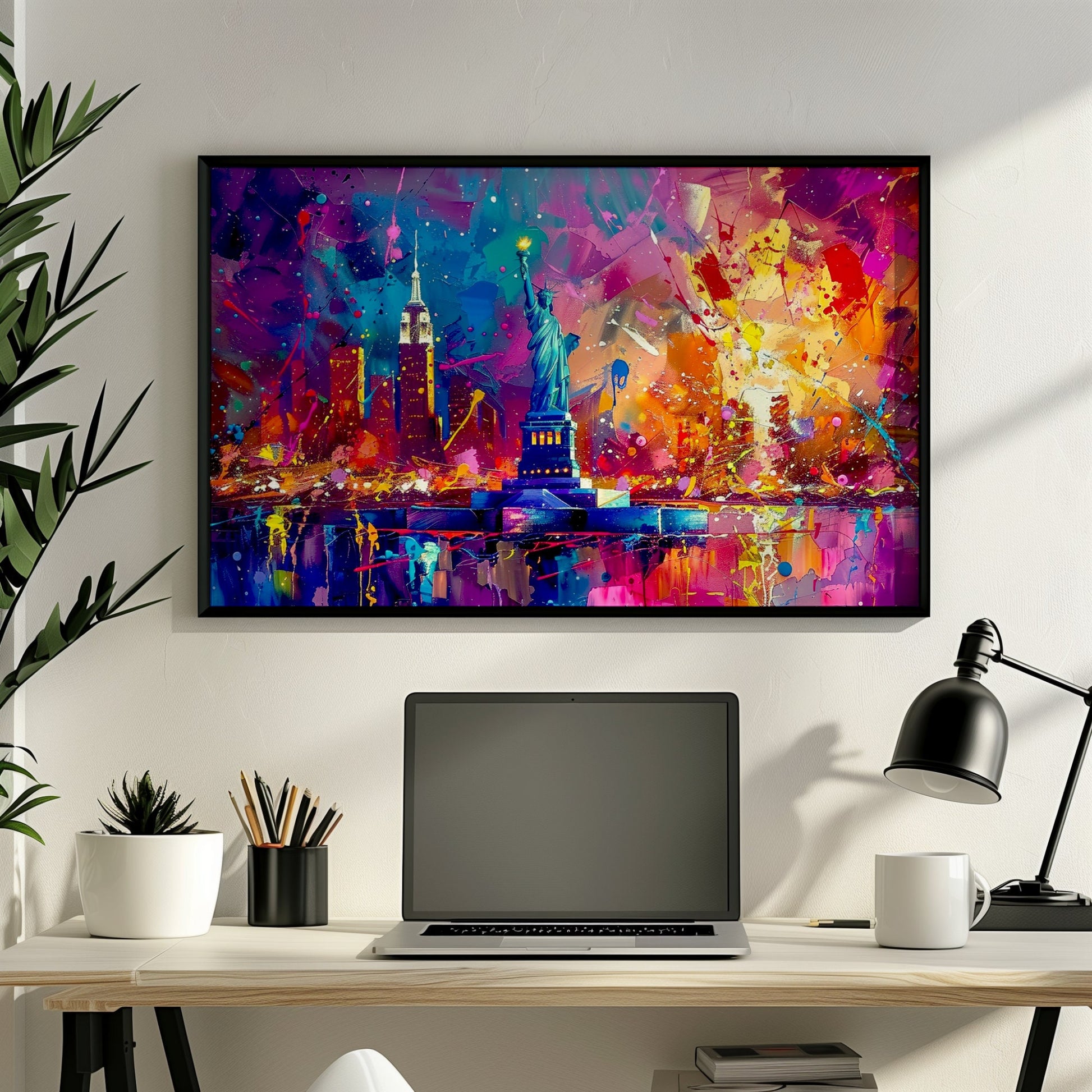 New York Skyline Statue of Liberty Poster Print. Abstract American Cityscape Wall Decor Gift Colourful Watercolour USA City Paint Splash - CanvasityCrafts - Free Shipping