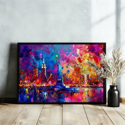 New York Skyline Statue of Liberty Poster Print. Abstract American Cityscape Wall Decor Gift Colourful Watercolour USA City Paint Splash - CanvasityCrafts - Free Shipping