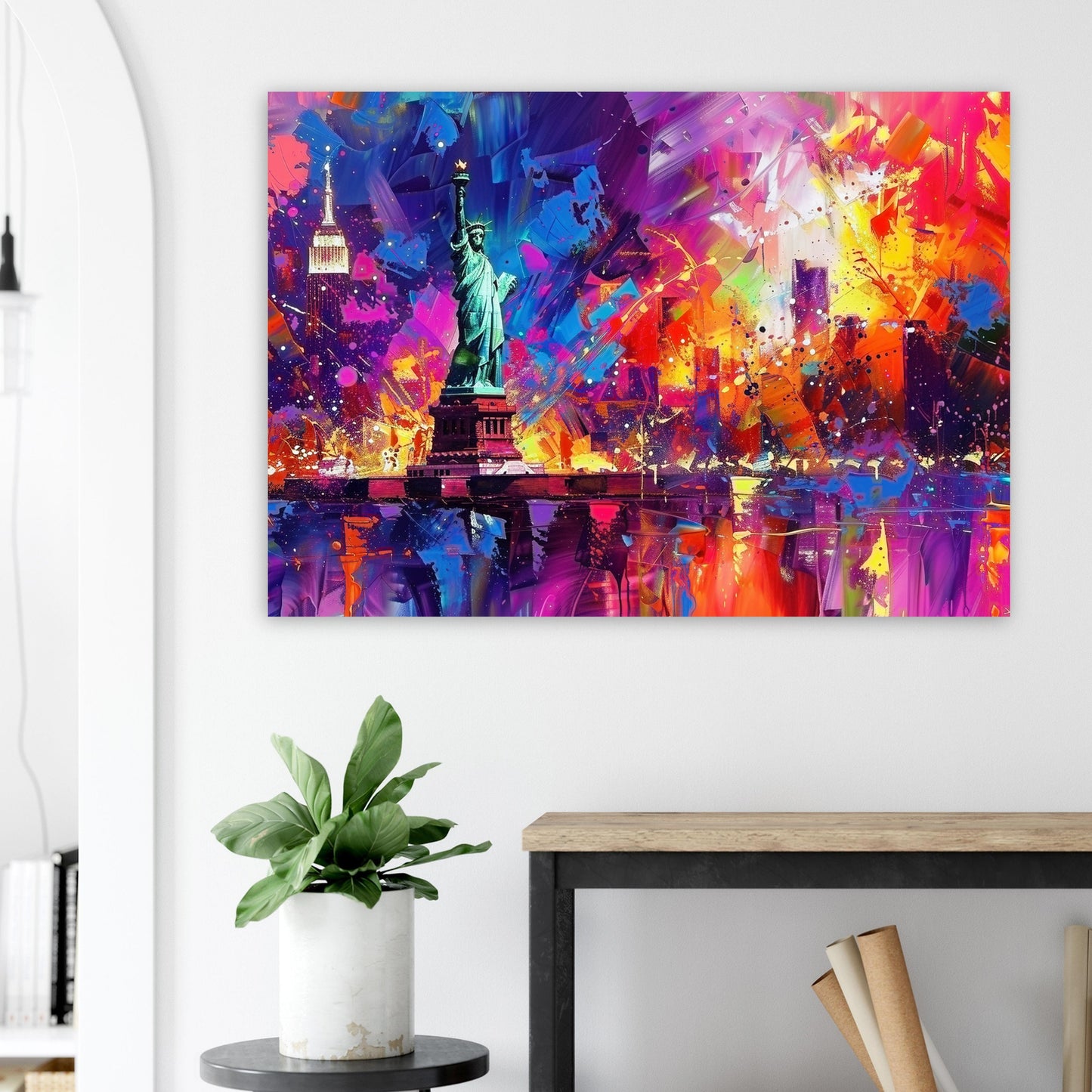 New York Skyline Statue of Liberty Poster Print. Abstract American Cityscape Wall Decor Gift Colourful Watercolour USA City Paint Splash - CanvasityCrafts - Free Shipping