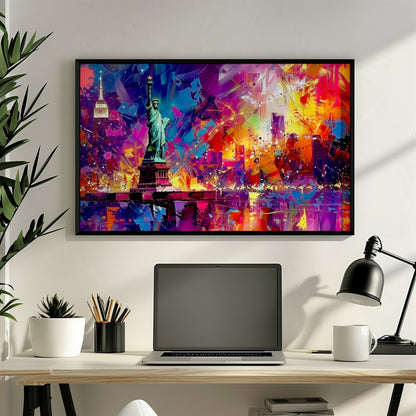 New York Skyline Statue of Liberty Poster Print. Abstract American Cityscape Wall Decor Gift Colourful Watercolour USA City Paint Splash - CanvasityCrafts - Free Shipping