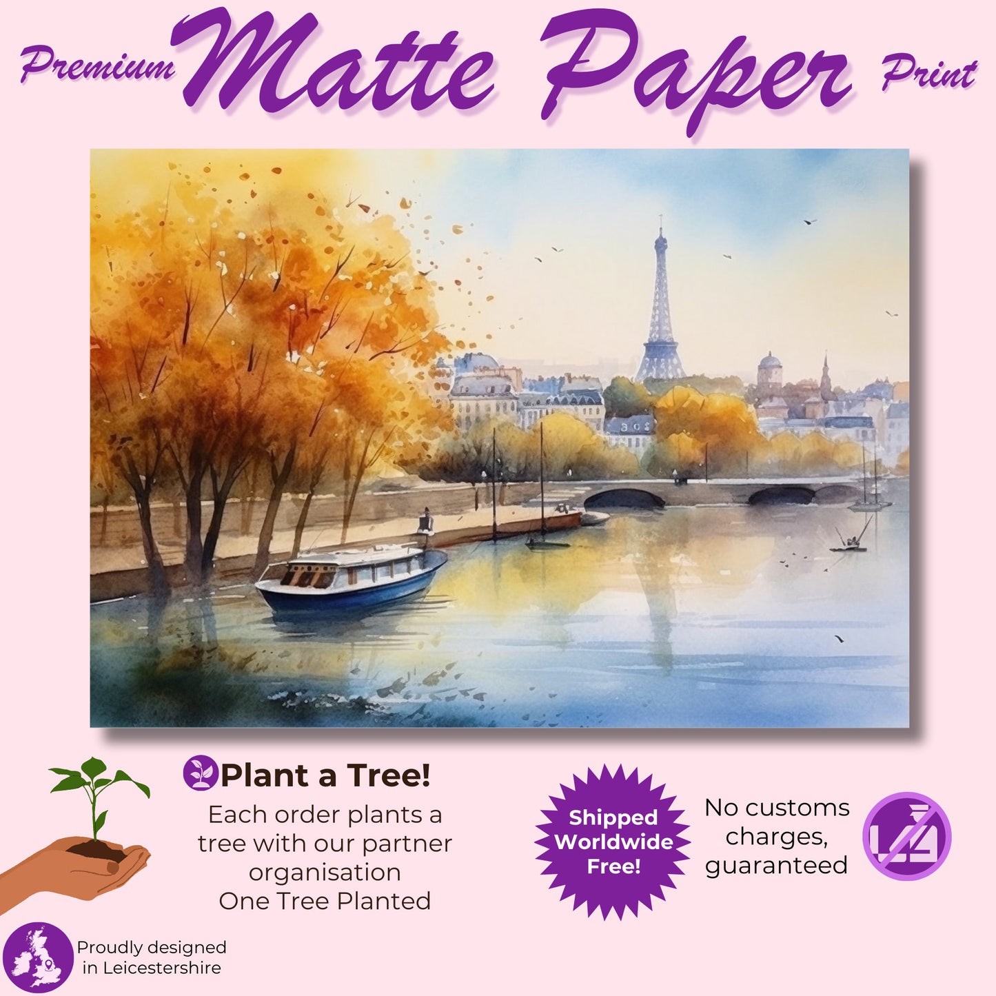 Watercolour Paris France Eiffel Tower River Siene Canvas / Poster Print. French Cityscape Travel Wall Decor Abstract Watercolor Autumn Gifts - CanvasityCrafts - Free Shipping