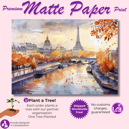 Paris France Eiffel Tower River Siene Canvas / Poster Print. Watercolour French Cityscape Travel Wall Decor Abstract Watercolor Autumn Gifts - CanvasityCrafts - Free Shipping