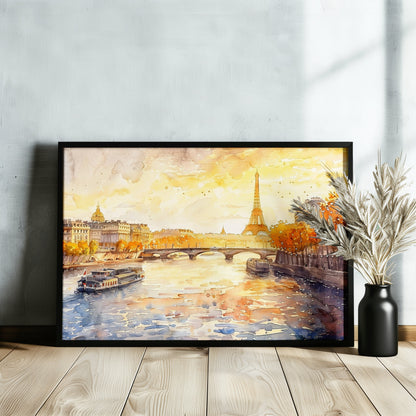 Paris France Eiffel Tower River Siene Canvas / Poster Print. Watercolour French Cityscape Travel Wall Decor Abstract Watercolor Autumn Gifts - CanvasityCrafts - Free Shipping