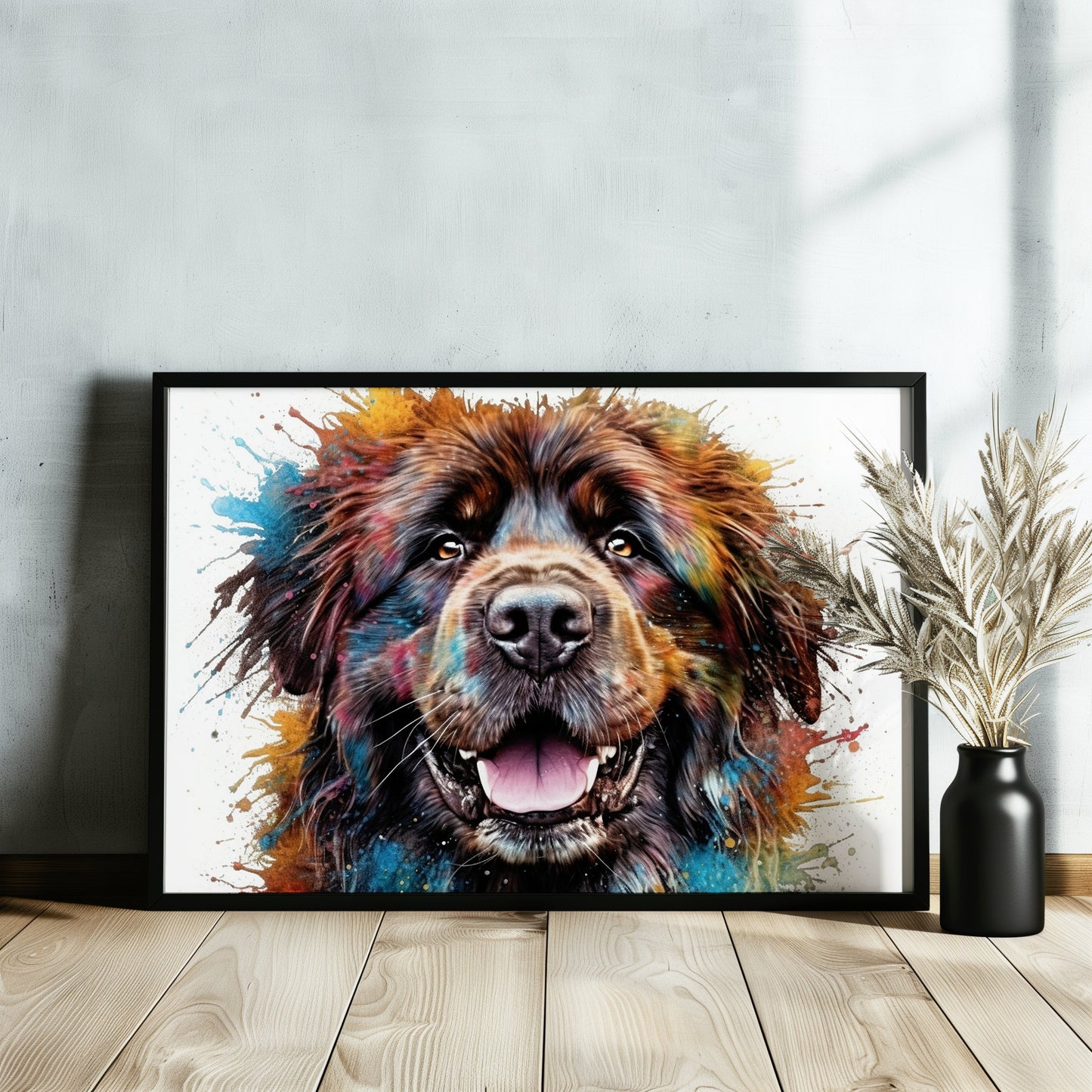 Newfoundland Canvas / Poster Print. Unique Colourful Watercolour Happy Dog Painting Newfie Splatter Paint Splash Art Animal Wall Decor Gifts - CanvasityCrafts - Free Shipping