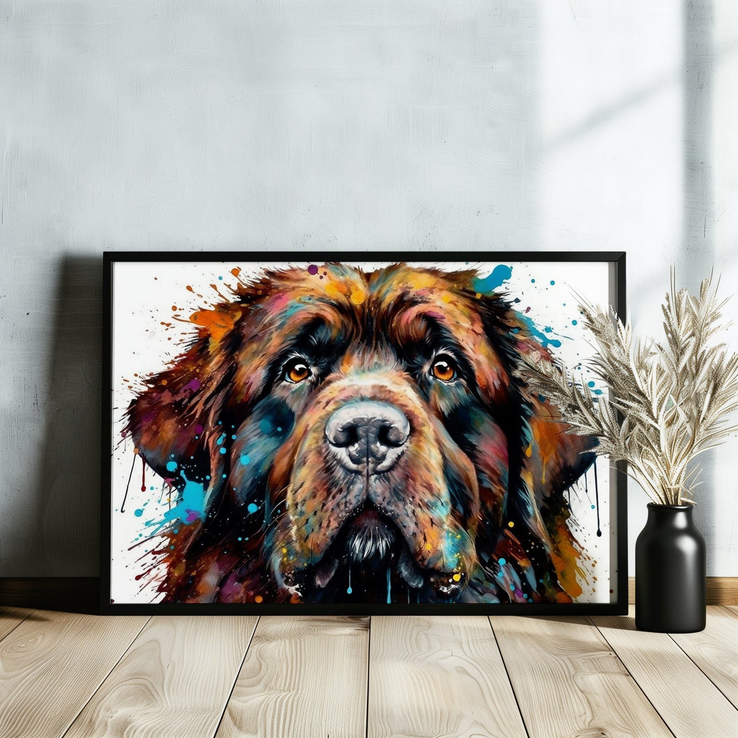 Newfoundland Canvas / Poster Print. Unique Colourful Watercolour Happy Dog Painting Newfie Splatter Paint Splash Art Animal Wall Decor Gifts - CanvasityCrafts - Free Shipping