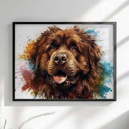 Brown Newfoundland Poster Print. Unique Colourful Watercolour Happy Dog Painting Newfie Splatter Paint Splash Art Animal Wall Decor Gifts - CanvasityCrafts - Free Shipping