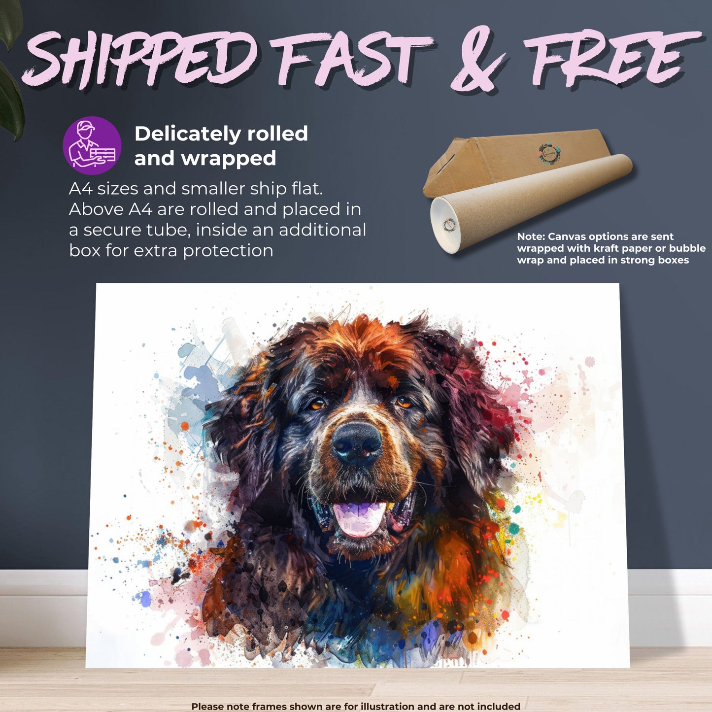 Newfoundland Canvas / Poster Print. Unique Colourful Watercolour Happy Dog Painting Newfie Splatter Paint Splash Art Animal Wall Decor Gifts - CanvasityCrafts - Free Shipping