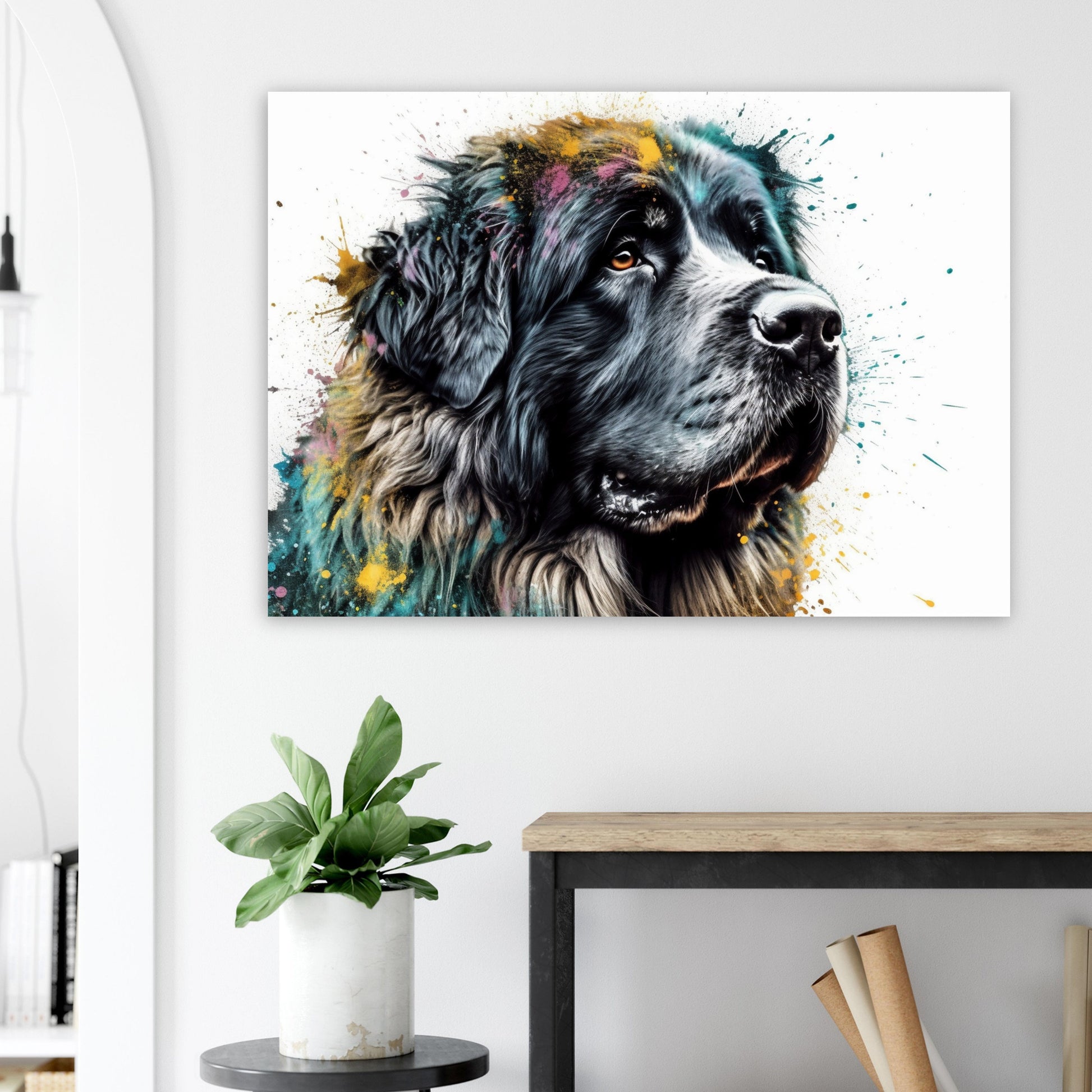 Newfoundland Canvas / Poster Print. Unique Colourful Watercolour Happy Dog Painting Newfie Splatter Paint Splash Art Animal Wall Decor Gifts - CanvasityCrafts - Free Shipping