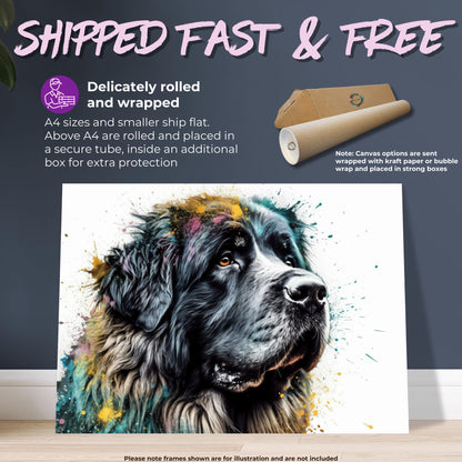 Newfoundland Canvas / Poster Print. Unique Colourful Watercolour Happy Dog Painting Newfie Splatter Paint Splash Art Animal Wall Decor Gifts - CanvasityCrafts - Free Shipping