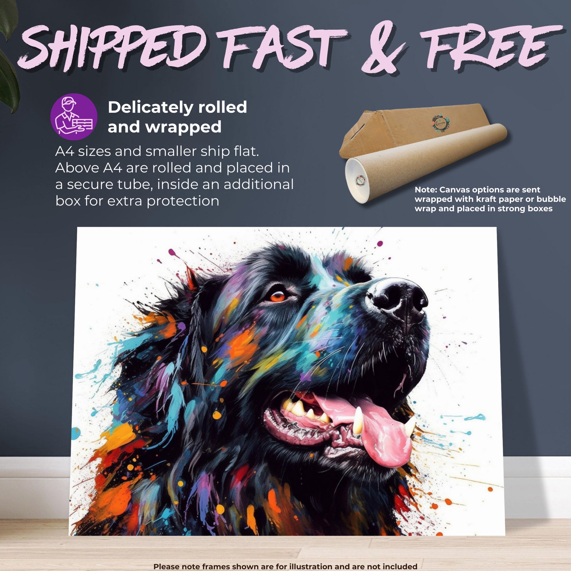 Black Newfoundland Poster Print. Unique Colourful Watercolour Happy Dog Painting Newfie Splatter Paint Splash Art Animal Wall Decor Gifts - CanvasityCrafts - Free Shipping