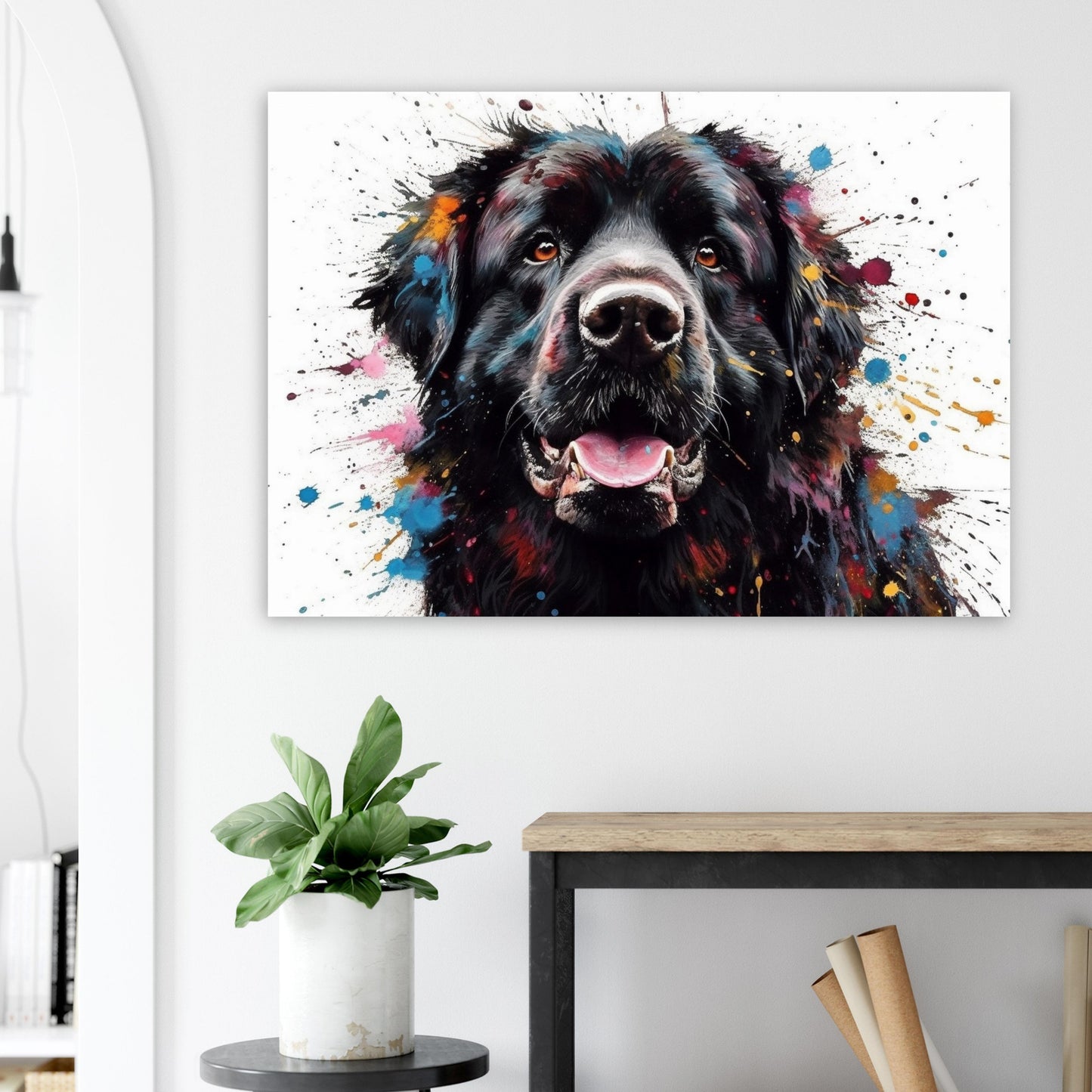 Black Newfoundland Poster Print. Unique Colourful Watercolour Happy Dog Painting Newfie Splatter Paint Splash Art Animal Wall Decor Gifts - CanvasityCrafts - Free Shipping