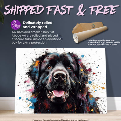 Black Newfoundland Poster Print. Unique Colourful Watercolour Happy Dog Painting Newfie Splatter Paint Splash Art Animal Wall Decor Gifts - CanvasityCrafts - Free Shipping