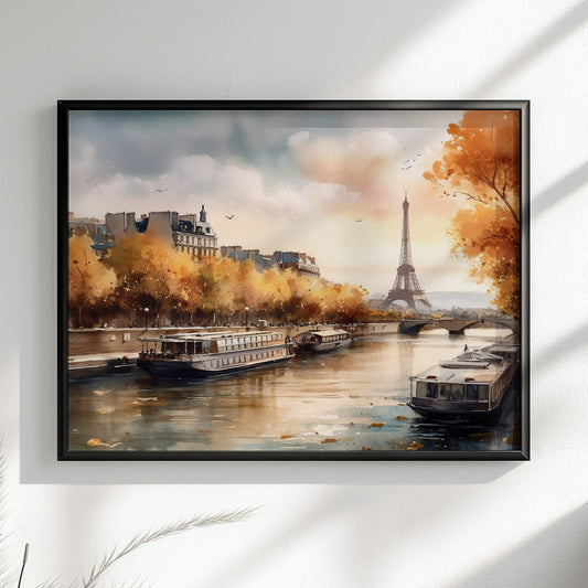 Paris France Eiffel Tower River Siene Canvas / Poster Print. Watercolour French Cityscape Travel Wall Decor Abstract Watercolor Autumn Gifts - CanvasityCrafts - Free Shipping