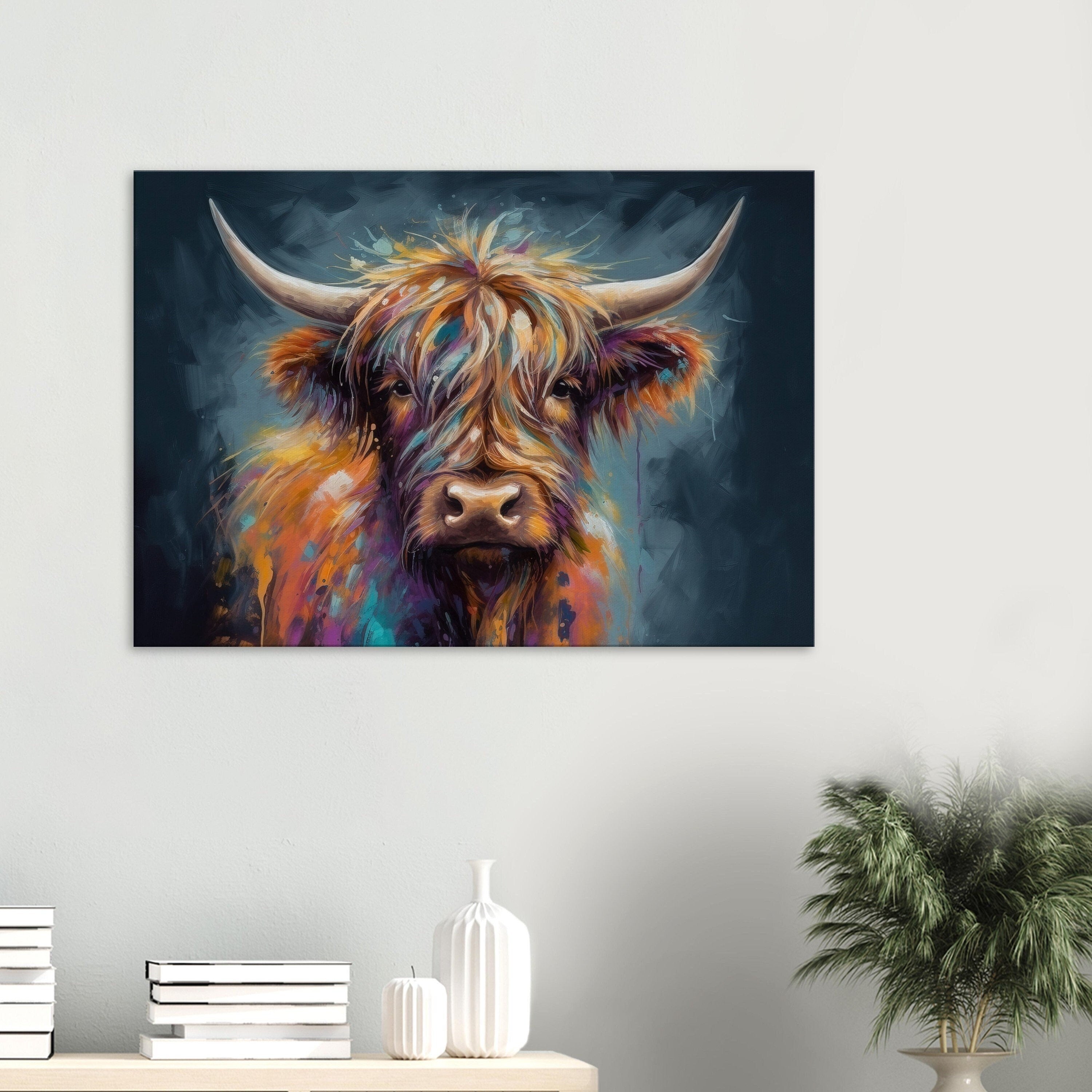 Highland Cow Canvas Print. A unique multi-colour Scottish cow painting, horizontal landscape. Colourful farm wall decor gifts for farmer mom - CanvasityCrafts - Free Shipping