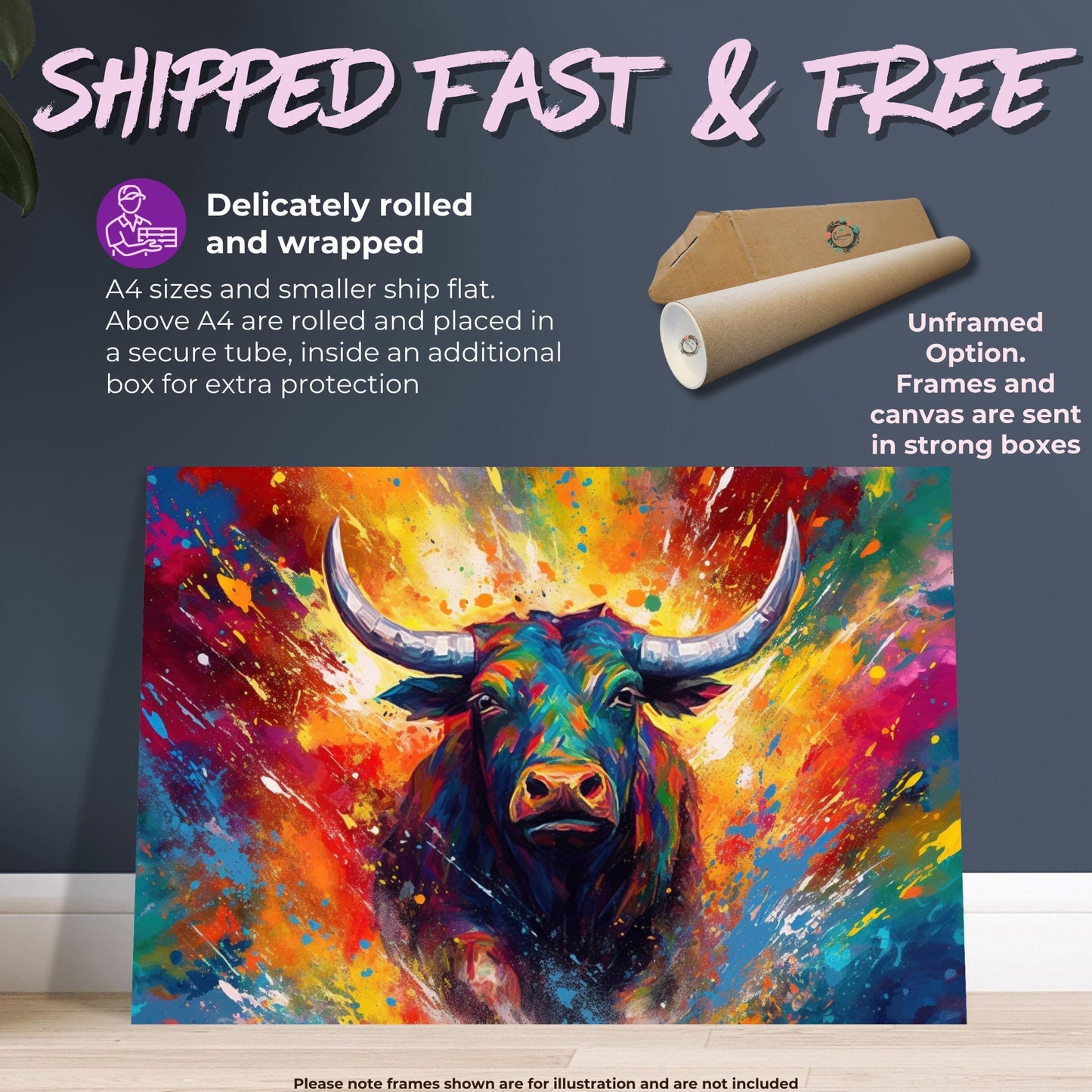 Charging Bull Poster - Free Shipping! Colorful Animal Wall Art Print - Gift for Farmer, Dad, Grandad, Matador - CanvasityCrafts - Free Shipping