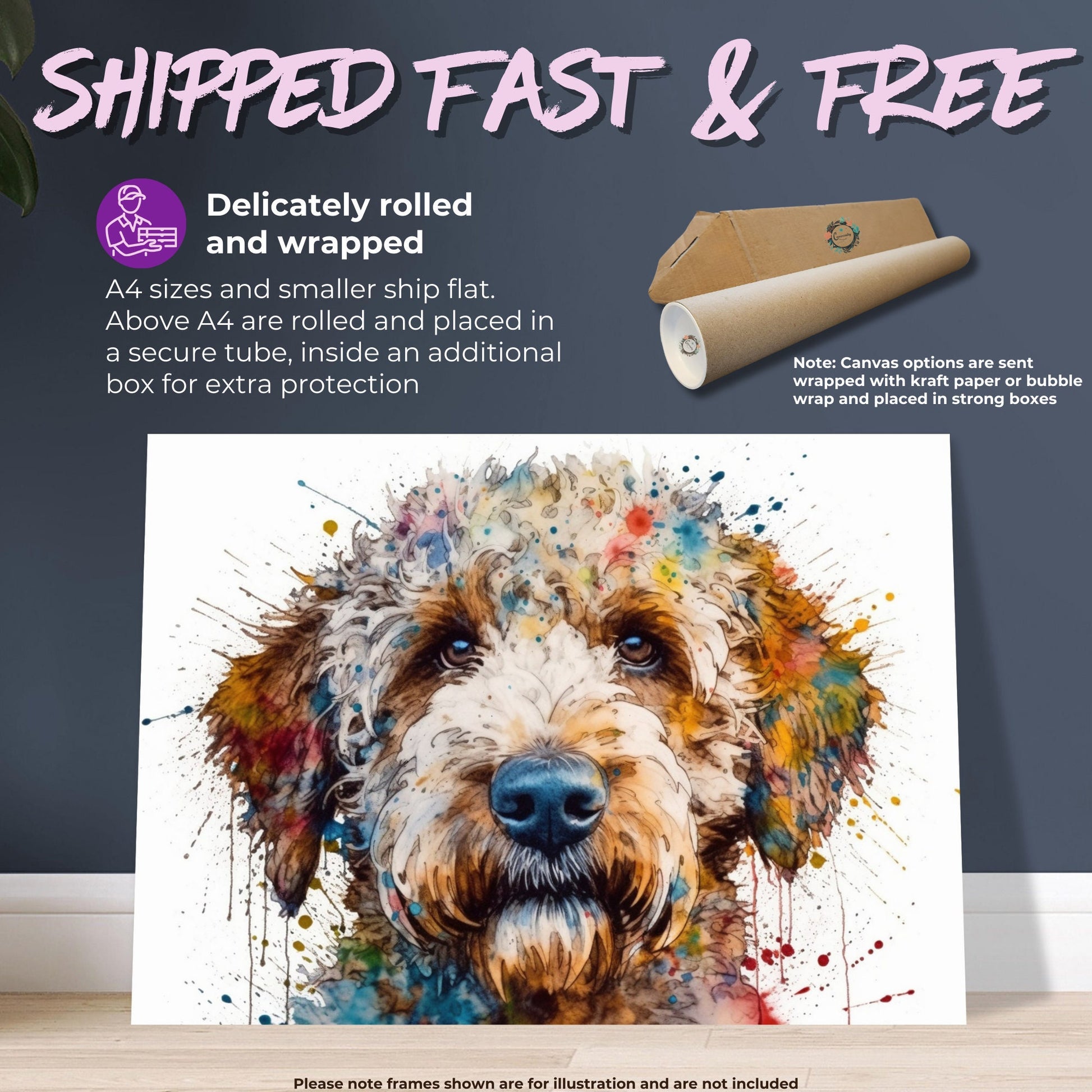 Lagotto Romagnolo Canvas or Poster Print. Colourful Watercolour Happy Truffle Dog Painting Splatter Paint Splash Art Animal Wall Decor Gifts - CanvasityCrafts - Free Shipping