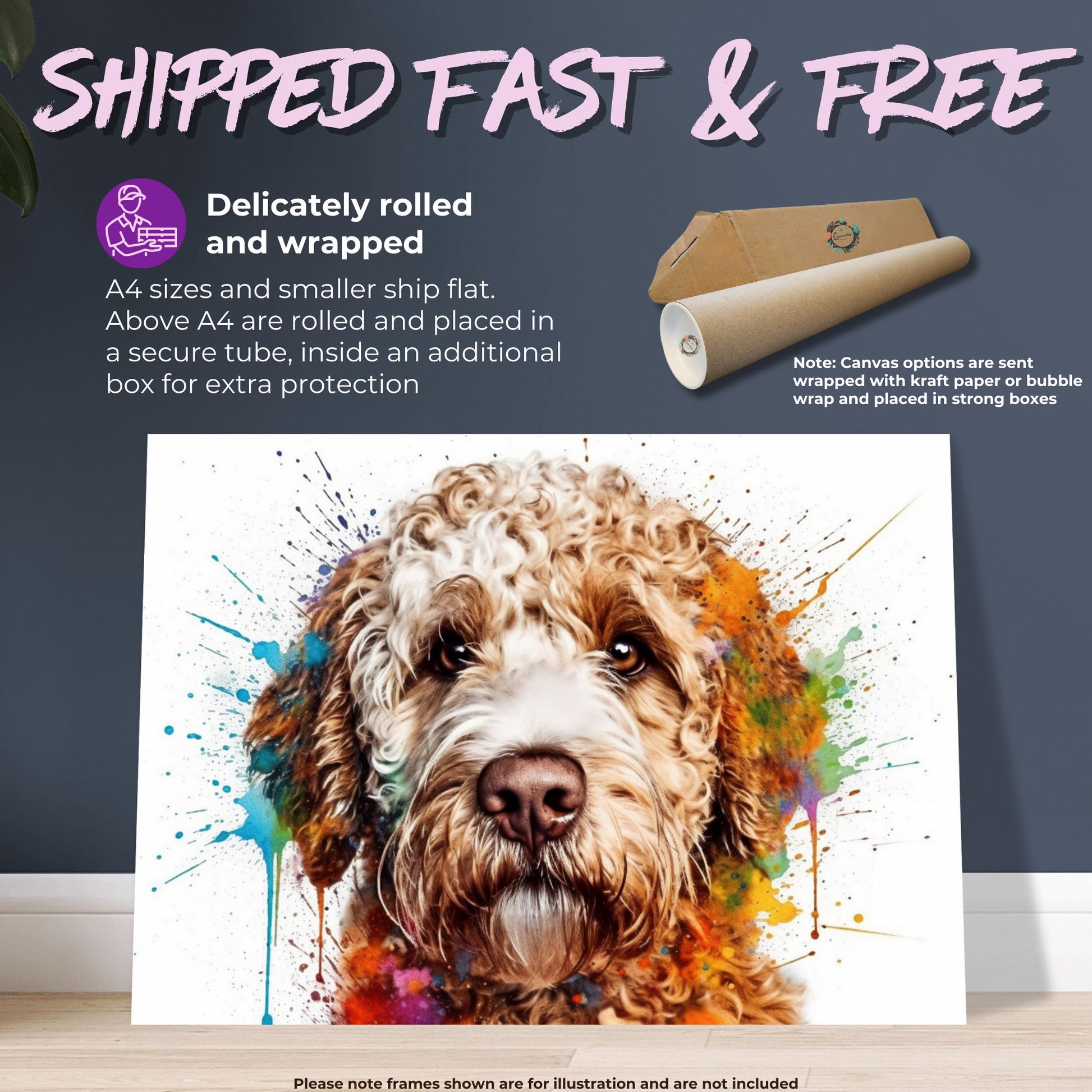 Lagotto Romagnolo Canvas or Poster Print. Colourful Watercolour Happy Truffle Dog Painting Splatter Paint Splash Art Animal Wall Decor Gifts - CanvasityCrafts - Free Shipping