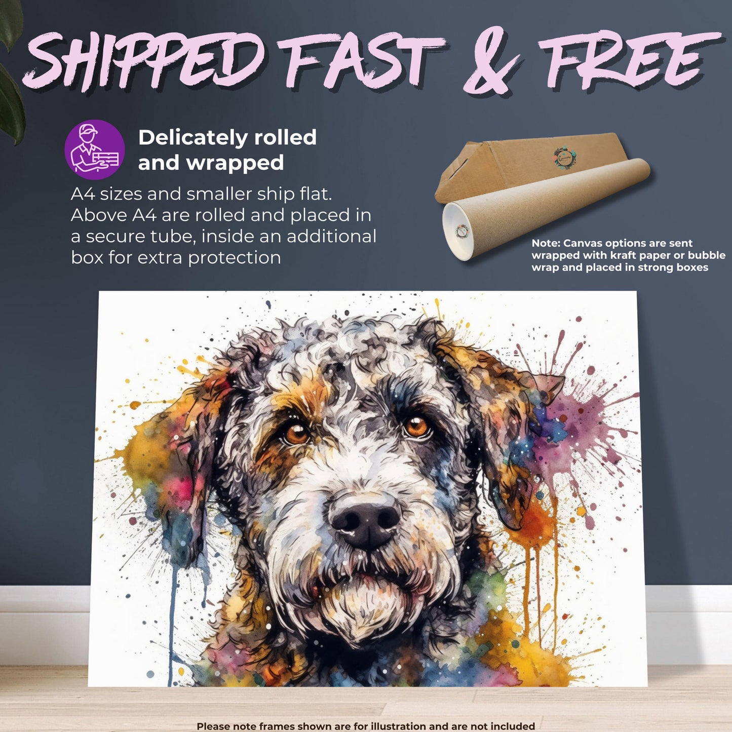 Lagotto Romagnolo Canvas or Poster Print. Colourful Watercolour Happy Truffle Dog Painting Splatter Paint Splash Art Animal Wall Decor Gifts - CanvasityCrafts - Free Shipping