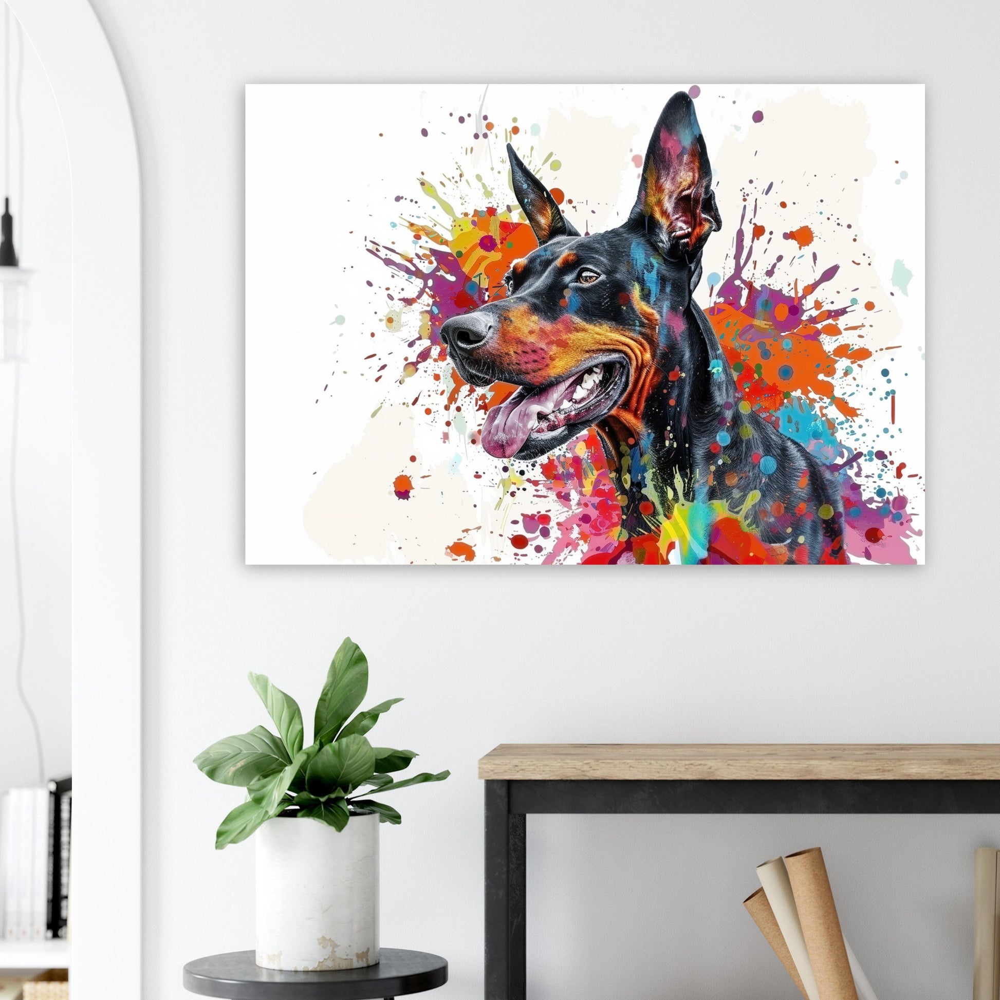 Dobermann Canvas / Poster Print. Colourful Abstract Watercolour Doberman Pinscher Dog Painting Splatter Paint Splash Art, Wall Decor Gifts - CanvasityCrafts - Free Shipping