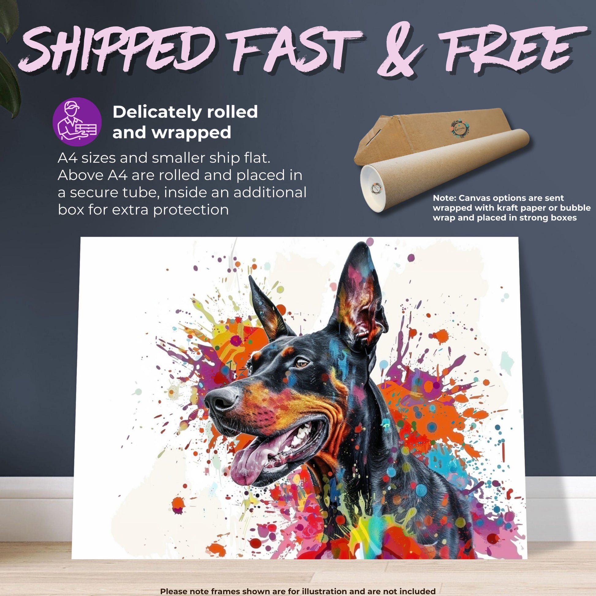 Dobermann Canvas / Poster Print. Colourful Abstract Watercolour Doberman Pinscher Dog Painting Splatter Paint Splash Art, Wall Decor Gifts - CanvasityCrafts - Free Shipping